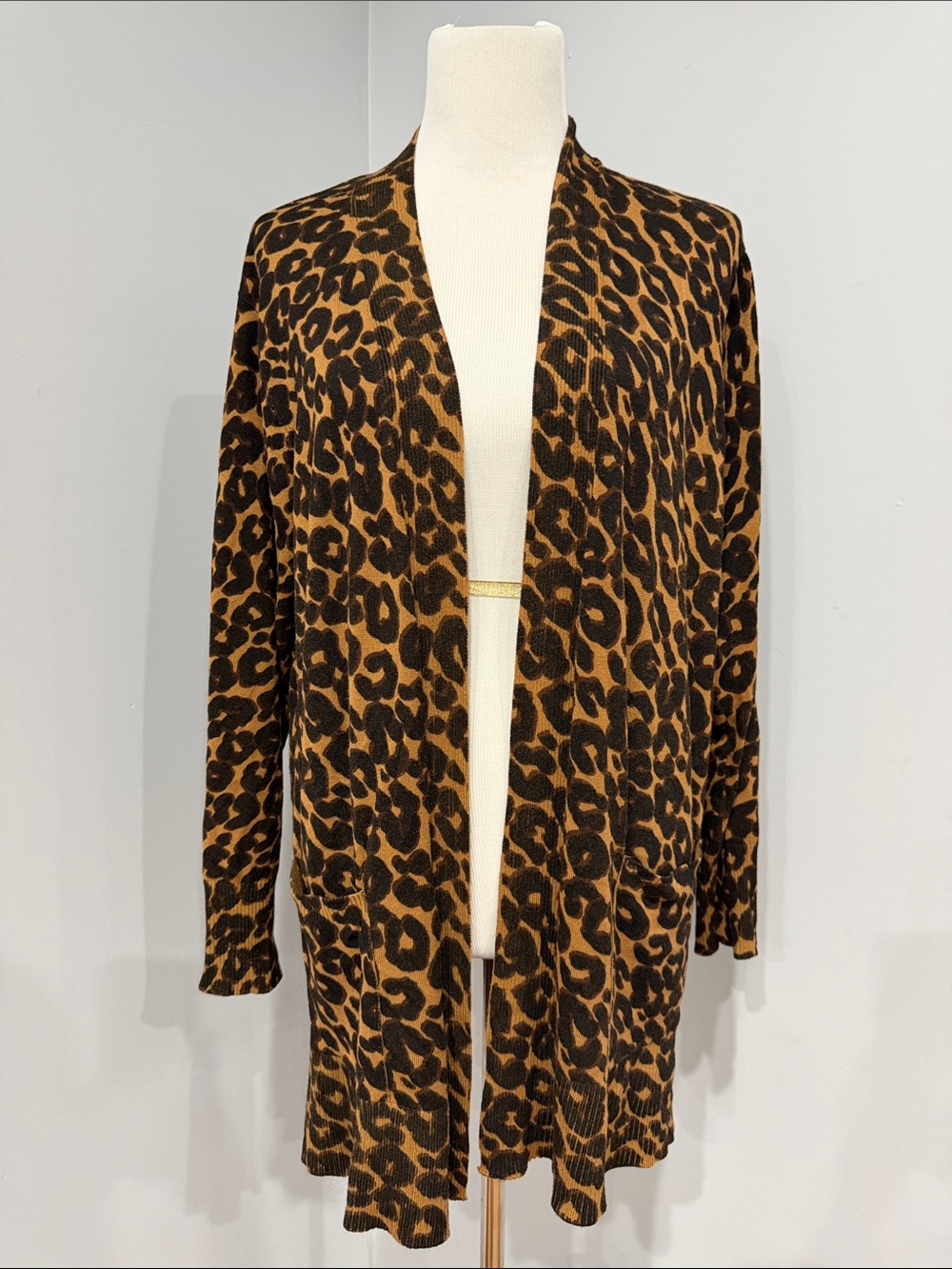 Terra&Sky Leopard Print Open-Front Cardigan Sweater - Brown/Black